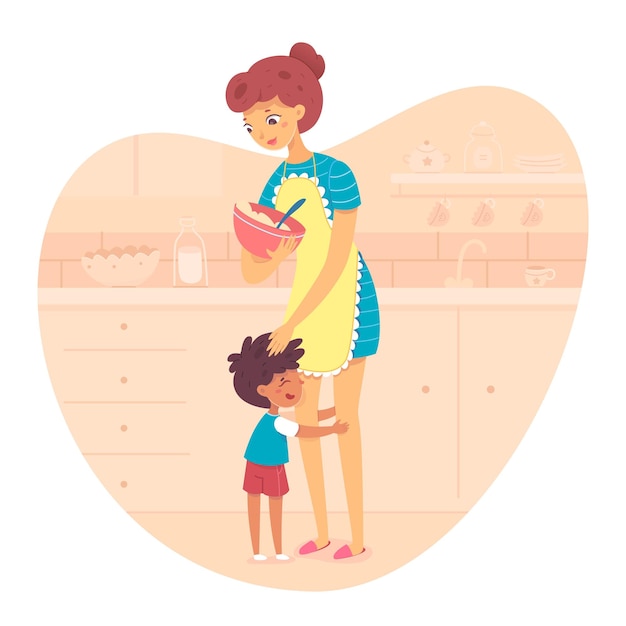 Vector son hugs mom preparing breakfast in kitchen illustration of kid expresses feelings for mother relationship motherhood childhood