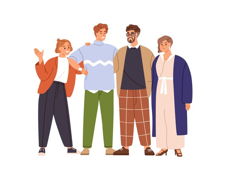 Vector 아들이 여자친구와 신부를 아버지에게 소개합니다. 어머니, 행복한 어린 소녀 만남, 파트너, 부모, 시어머니, 지인.  바탕에 고립된 평평한 터 일러스트레이션.