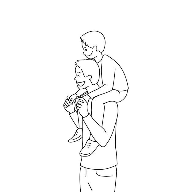 Son is sitting on his father's shoulders Dad and son together Father's Day theme Vector art