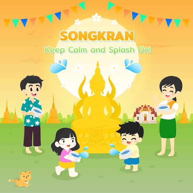 Songkran dag festival poster gelukkige familie en kinderen Karakter Giet water Boeddha standbeeld Thai te
