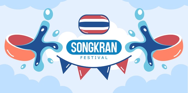 Songkran-dagachtergrond met water in de plons van het komwater en de vlag van Thailand