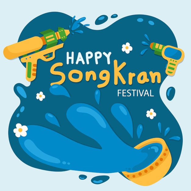 Acqua del giorno di songkran nella ciotola spruzzi d'acqua e disegno della pistola ad acqua su sfondo blu festival di songkran