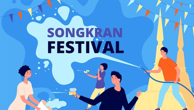 Songkran festival azië thailand fest gelukkig meisje met waterkom mensen viering thai persoon spelen spatten volslagen vector reizen achtergrond