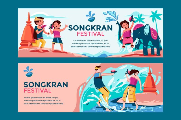 Vector songkran festival banner with kids playing water in temple mean thailand traditional new years day