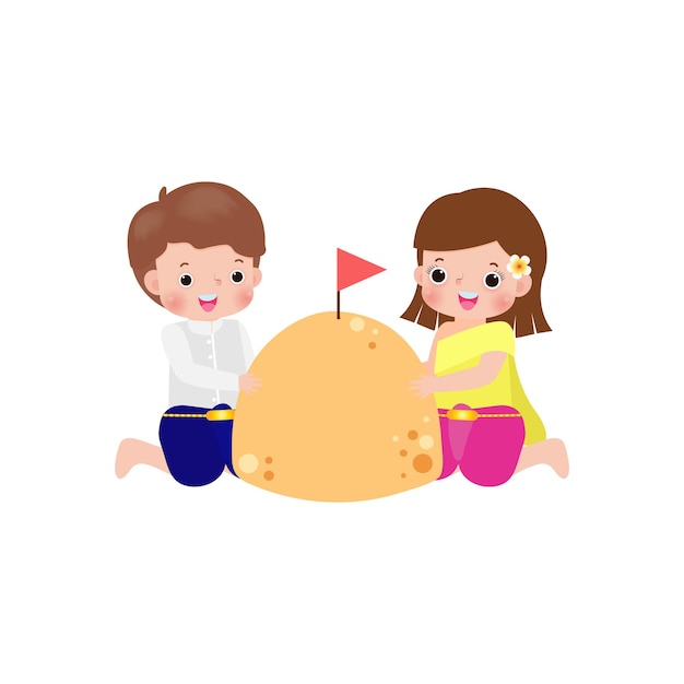 Vector songkran festival cute couple thai traditional and sand pagoda thailand traditional new year day vec