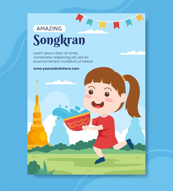 Songkran festival dag poster sjabloon cartoon achtergrond vectorillustratie