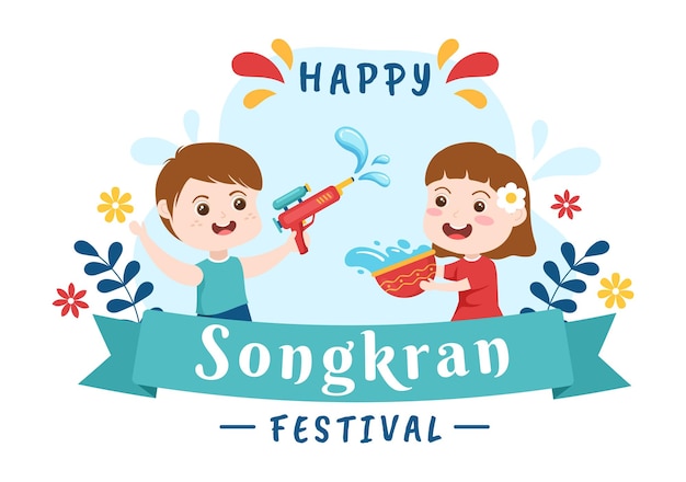 Songkran festival day cartoon illustration with cute little kids playing water gun in thailand