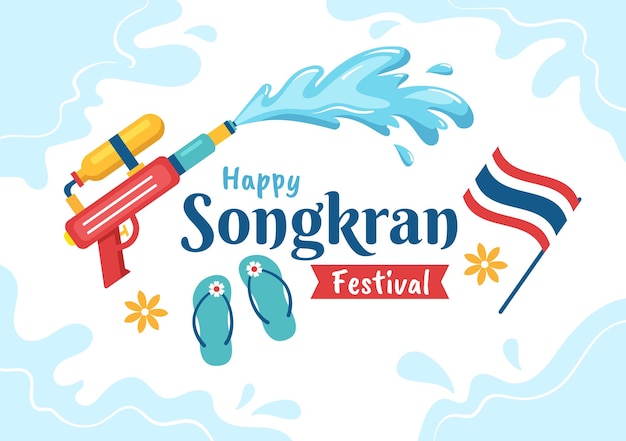 Songkran Festival Day Hand Drawn Cartoon Illustration Playing Water Gun in Thailand Celebration