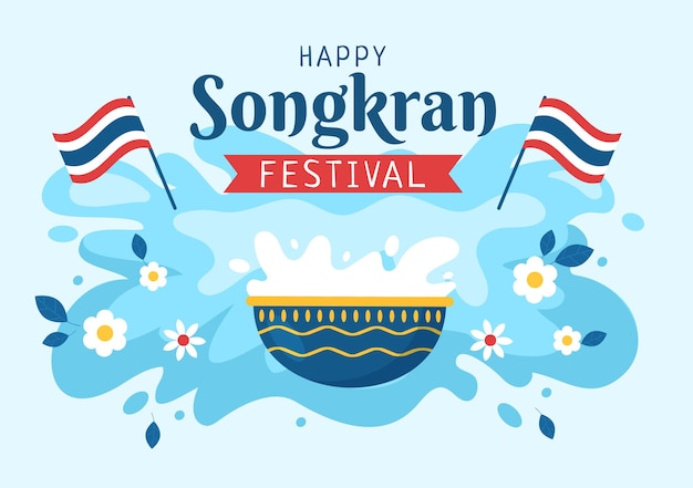 Songkran Festival Day Hand Drawn Cartoon Illustration Playing Water Gun in Thailand Celebration