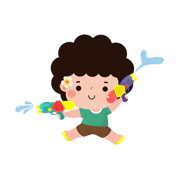 벡터 송크란 축제 아이 태국 전통적인 놀이를 즐기십시오 물 총 물 스프링 태국 만화