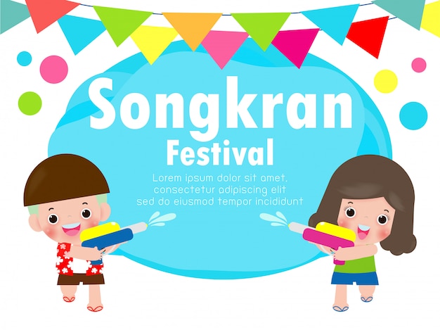 I bambini di festival di songkran che tengono la pistola ad acqua godono di di spruzzare l'acqua nel festival di songkran, illustrazione