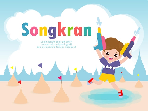 I bambini del festival di songkran con la pistola ad acqua si divertono a spruzzi d'acqua