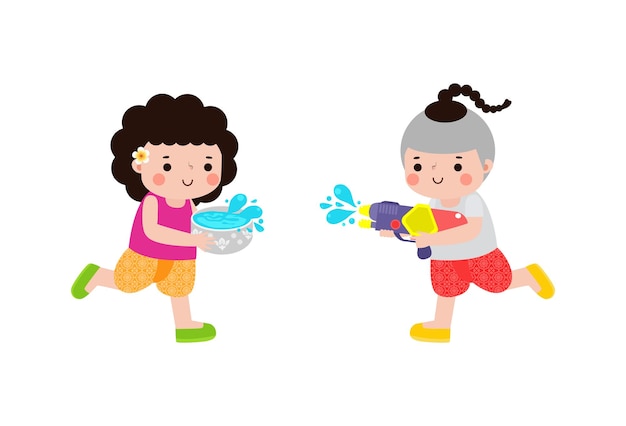 Songkran festival kids thai Traditional enjoy splashing water Thailand New Year Day Vector