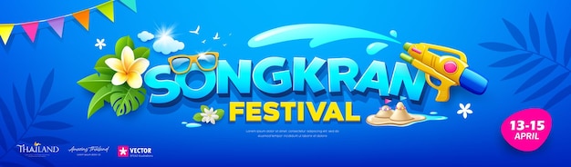 Vector songkran festival message fun water gun and thailand flowers design banners design