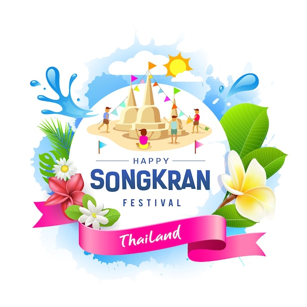 Songkran festival summer of thailand child playing sand pagoda design background vector