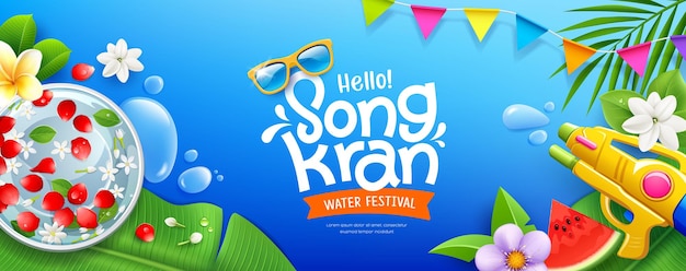 Vector songkran festival thailand jasmine water and flower in bowl coconut leaf banana leaf gun water