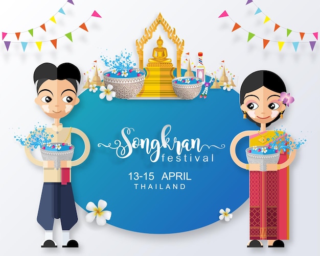 Songkran Festival, Thailand reisconcept - De mooiste plekken om te bezoeken in Thailand in vlakke stijl. ( Vertaling thais : Songkran )