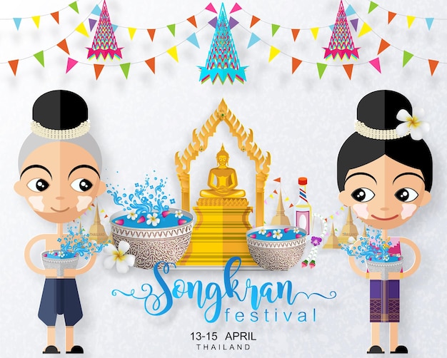 Songkran Festival, Thailand reisconcept - De mooiste plekken om te bezoeken in Thailand in vlakke stijl. ( Vertaling thais : Songkran )