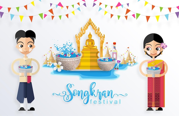 Songkran Festival, Thailand reisconcept - De mooiste plekken om te bezoeken in Thailand in vlakke stijl. ( Vertaling thais : Songkran )