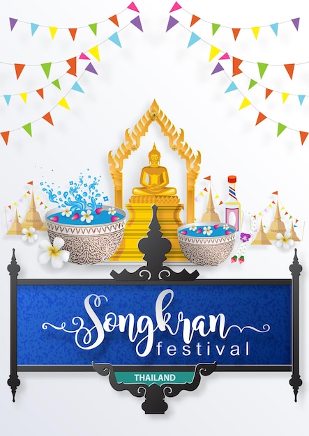 송크란 축제, 태국 여행 컨셉 - 태국에서 가장 아름다운 곳을 평평한 스타일로 방문하십시오. ( 태국어 번역 : Songkran )