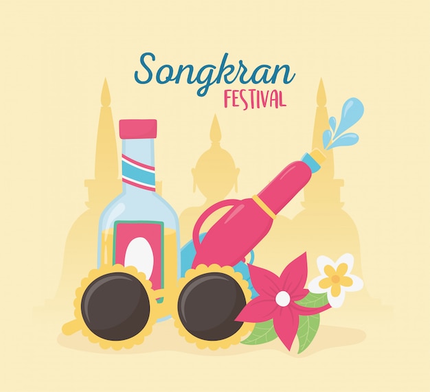 Songkran festival water gun sunglasses drink bottle flowers celebration