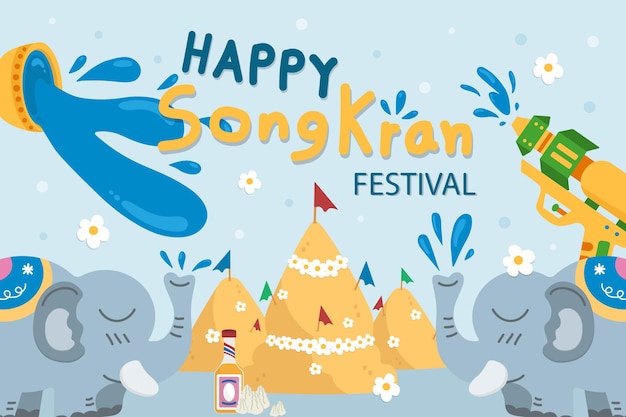 Songkran festival con tutti gli elementi del songkran day con scritte a mano