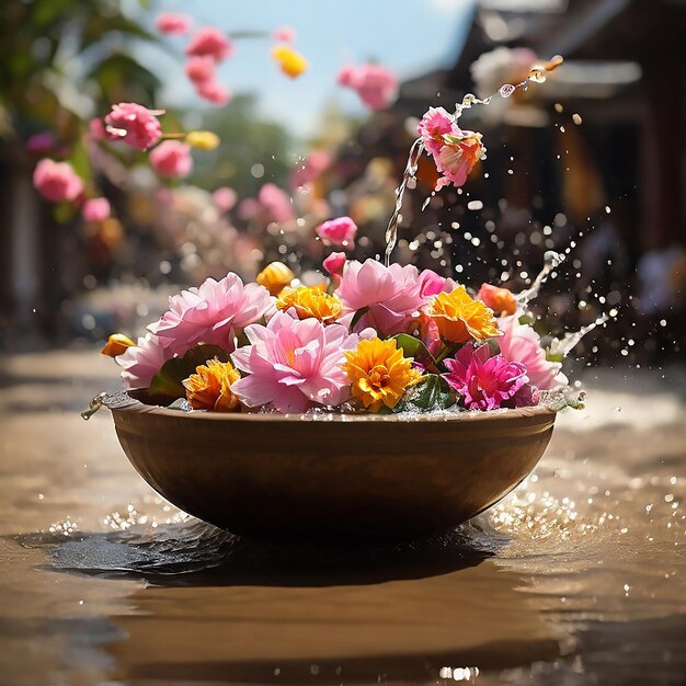 Songkran Thailand festival flowers in a water bowl water