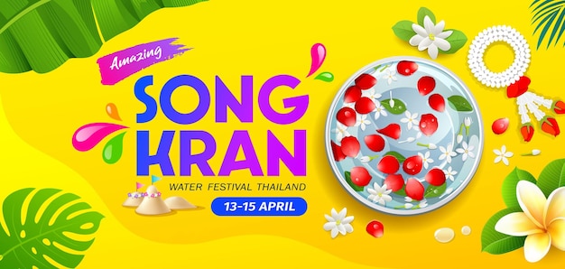 Songkran thailand Rose petals and jasmine in water bowl with monstera leaf banana leaf banner