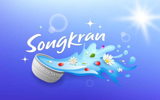 Songkran thailand thai flowers in a water bowl water splashing on blue background eps 10 vector