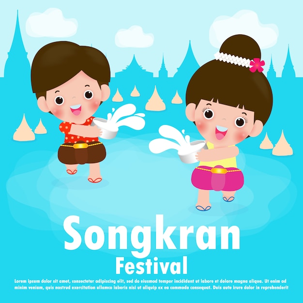 Songkranfestival, de reisconcept van Thailand, jonge geitjes genieten van bespattend waterillustratie