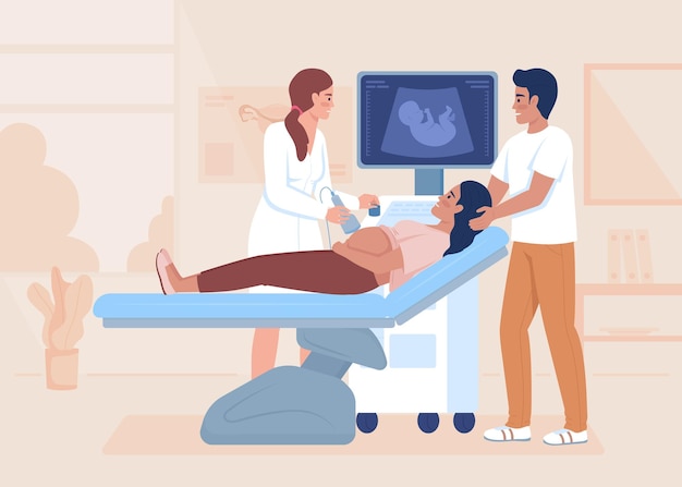 Vector sonogram of pregnant woman flat color vector illustration