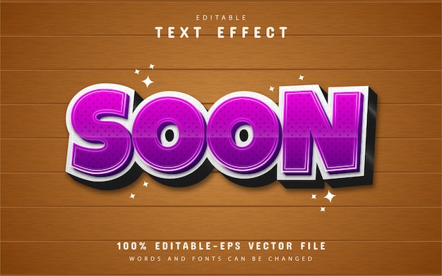 Soon text effect with purple gradient