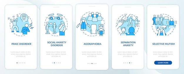 Soorten angststoornissen blauw onboarding mobiel app-scherm