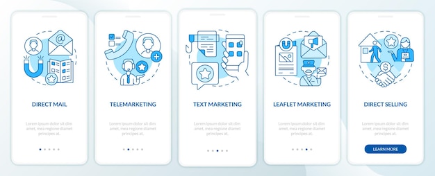 Soorten direct marketing blauwe onboarding mobiele app-scherm