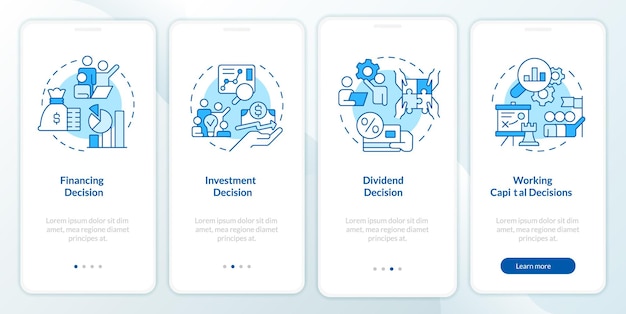 Soorten financiële beslissingen blauw onboarding-scherm voor mobiele apps