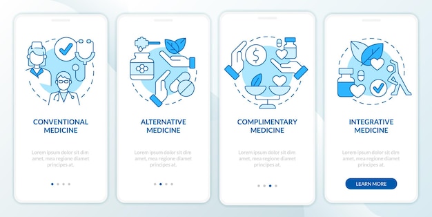 Soorten gezondheidszorg benadert het blauwe onboarding-scherm van de mobiele app