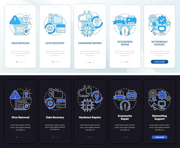 Vector soorten reparaties nacht- en dagmodus onboarding mobiele app-scherm. doorloop 5 stappen grafische instructiepagina's met lineaire concepten. ui, ux, gui-sjabloon. myriad pro-bold, reguliere lettertypen gebruikt