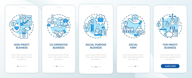 Soorten sociaal ondernemerschap blauw onboarding mobiel app-paginascherm. doorloop 5 stappen grafische instructies met concepten. ui, ux, gui vectorsjabloon met lineaire kleurenillustraties