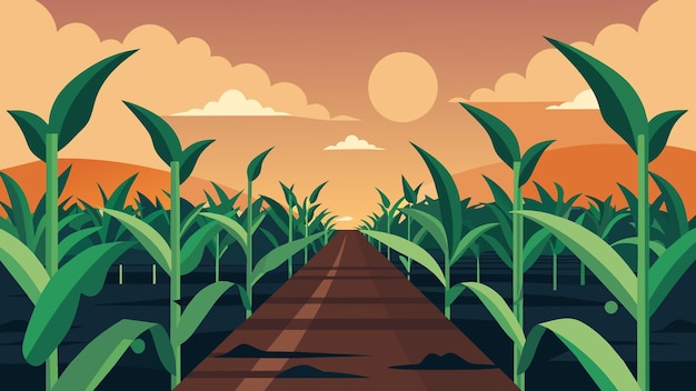 Vector a soothing evening in the garden as the sun sets behind a row of tall leafy corn stalks towering in