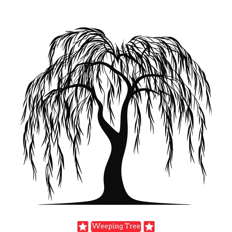 Vector soothing weeping willow silhouettes ethereal landscape elements