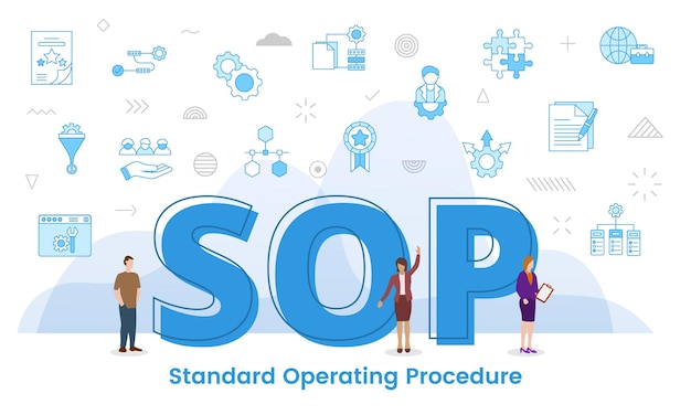 Концепция стандартной операционной процедуры Sop с громкими словами и людьми, окруженными соответствующей иконкой в стиле синего цвета