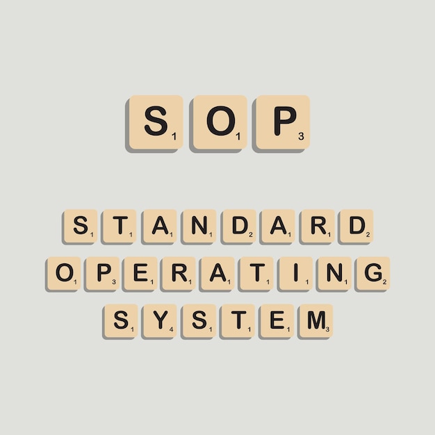 Vettore caratteri tipografici del sistema operativo standard sop in scrabbles block alfabeto concept