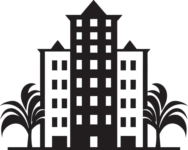 Сложный дизайн здания Черная векторная эмблема Городской пейзаж Эмблема Логотип жилого дома в черном цвете