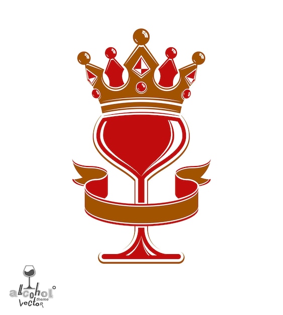 Sophisticated luxury wineglass with golden imperial crown and decorative curved ribbon. royal vector goblet. rendezvous conceptual illustration.