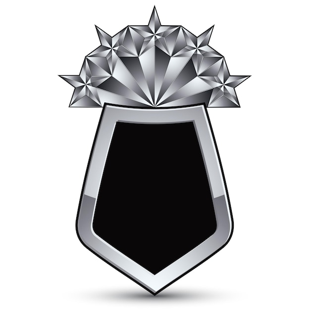 Sophisticated vector blazon with five silver stars, silvery 3d design element, metallic clear EPS 8 emblem.