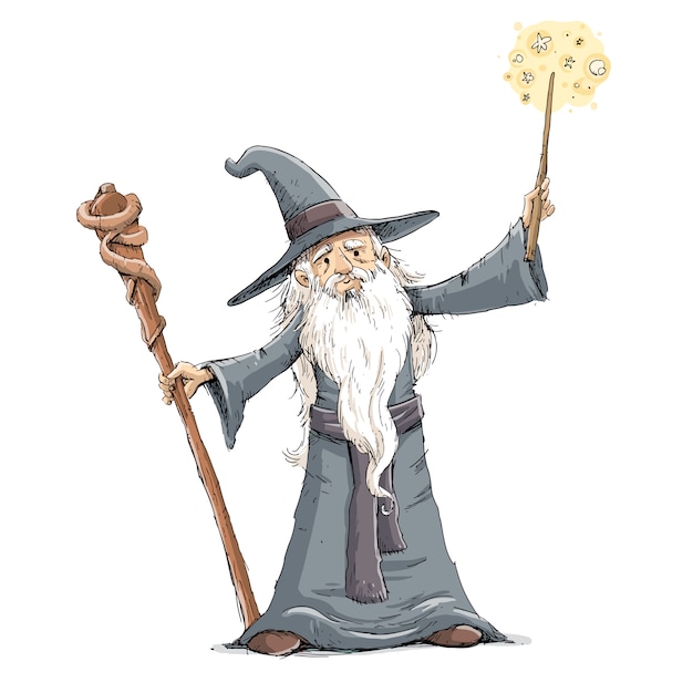 Vector sorcerer with wand doing magic illustration