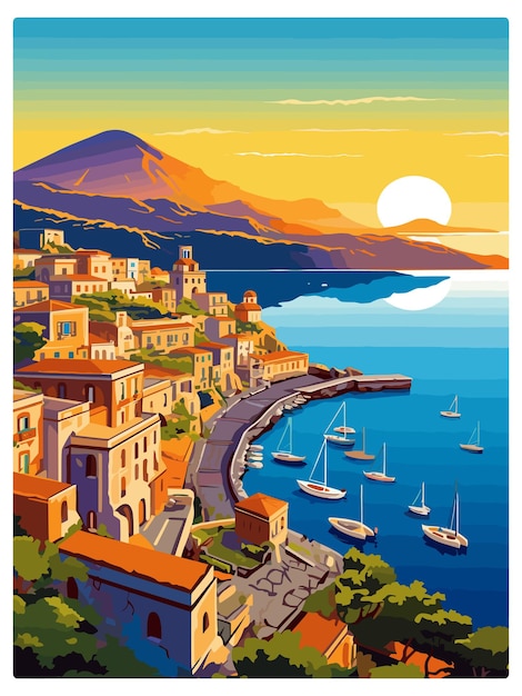 Vettore sorrento italia vintage travel poster souvenir postcard ritratto pittura wpa illustrazione