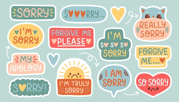 Sorry stickers set, sorry quotes vector collectie. Set hand getrokken vectorillustratie