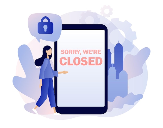 Sorry we are closed big sign on smartphone screen Closed establishments cafe shop store salon