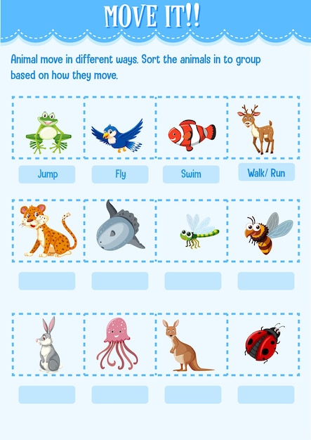 Sort the animal into the group based on how they move worksheet for kindergarten